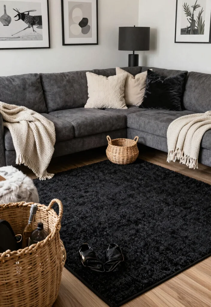 18 Black Rug Living Room Decor Ideas: Bold Grounded Style - 15. Textured Layers for Depth 1