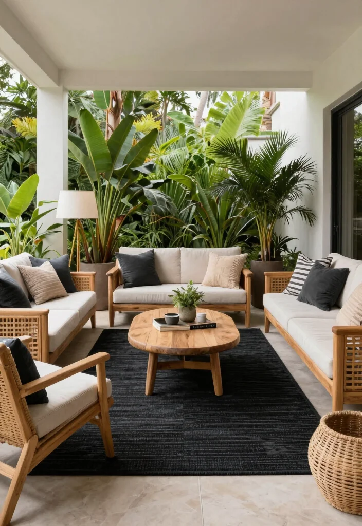 18 Black Rug Living Room Decor Ideas: Bold Grounded Style - 16. Outdoor-Inspired Living Room 1