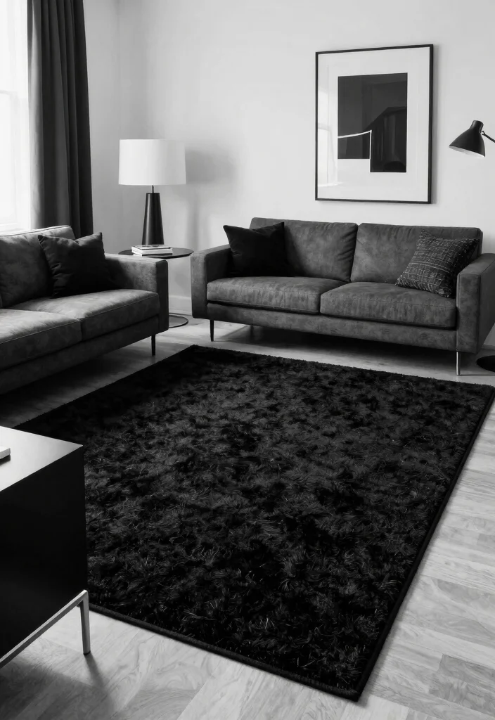 18 Black Rug Living Room Decor Ideas: Bold Grounded Style - 17. Monochrome Magic 1
