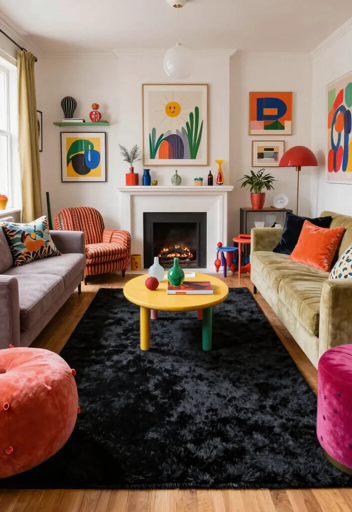 18 Black Rug Living Room Decor Ideas: Bold Grounded Style - 18. Whimsical Touches with a Black Rug 1