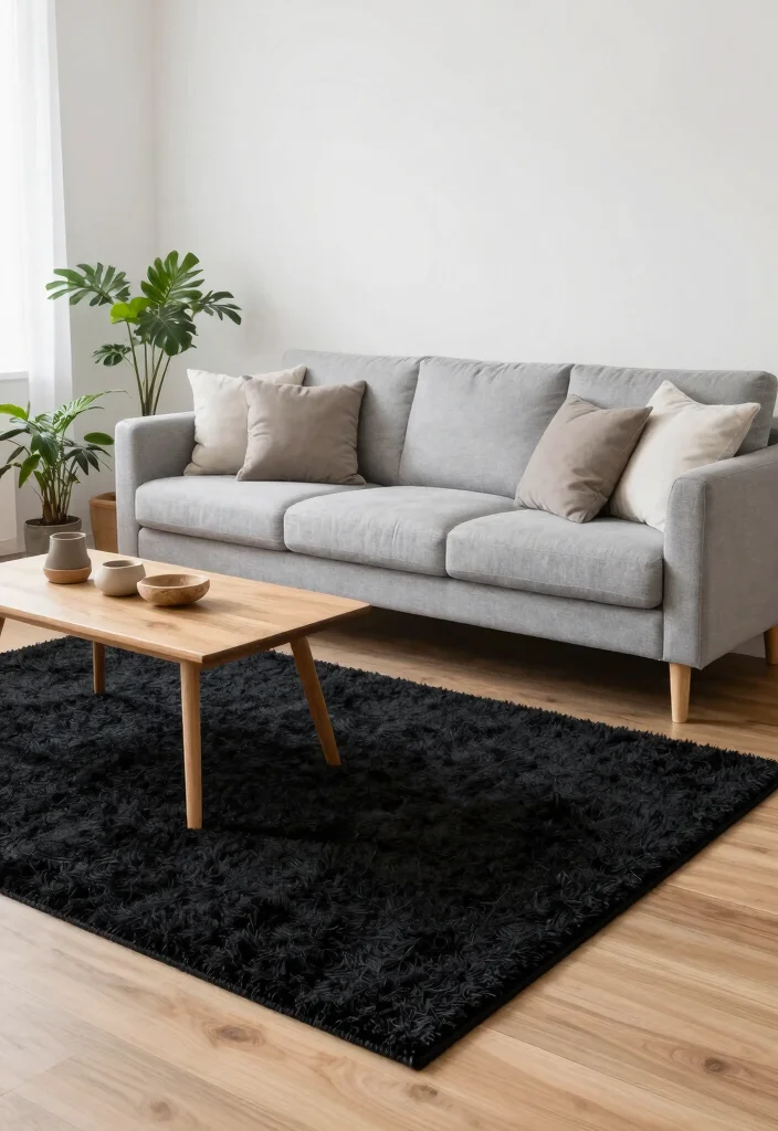 18 Black Rug Living Room Decor Ideas: Bold Grounded Style - 4. Scandinavian Style with Warmth 1