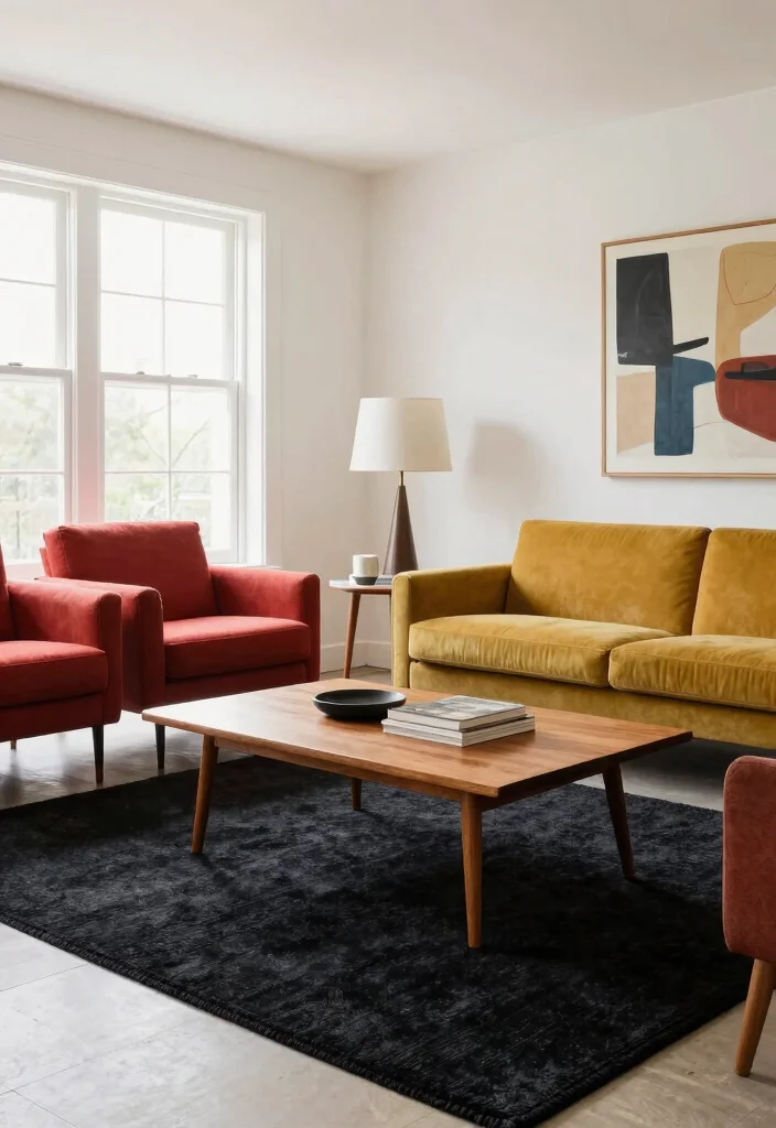 18 Black Rug Living Room Decor Ideas: Bold Grounded Style - 5. Mid-Century Modern Charm 1