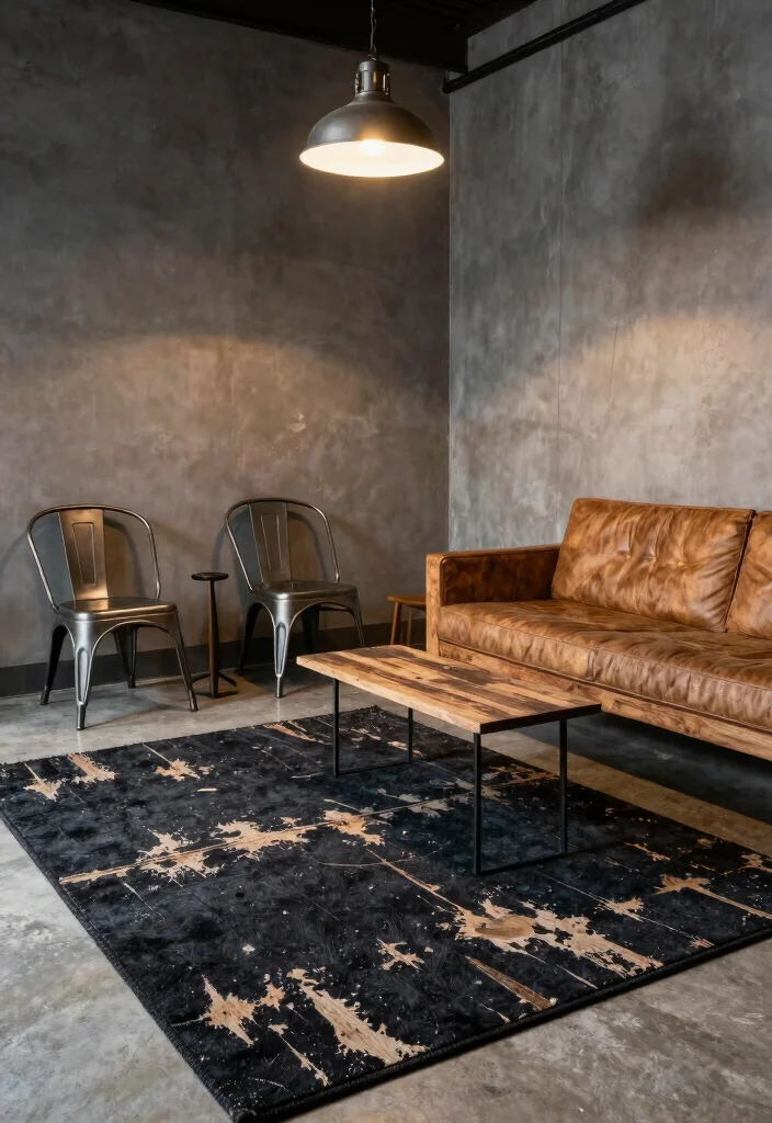 18 Black Rug Living Room Decor Ideas: Bold Grounded Style - 8. Industrial Edge with a Black Rug 1