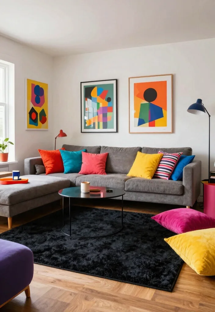 18 Black Rug Living Room Decor Ideas: Bold Grounded Style - 9. Vibrant Pops of Color 1