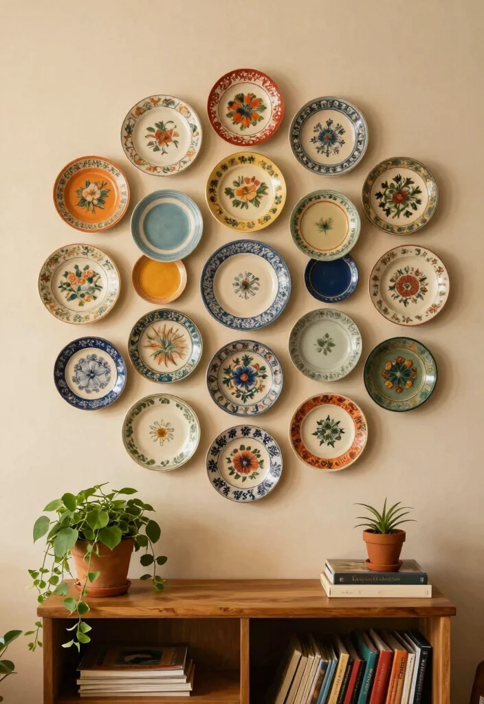 18 DIY Living Room Wall Decor Ideas: Creative & Budget Friendly - 13. Vintage Plate Wall Display 1