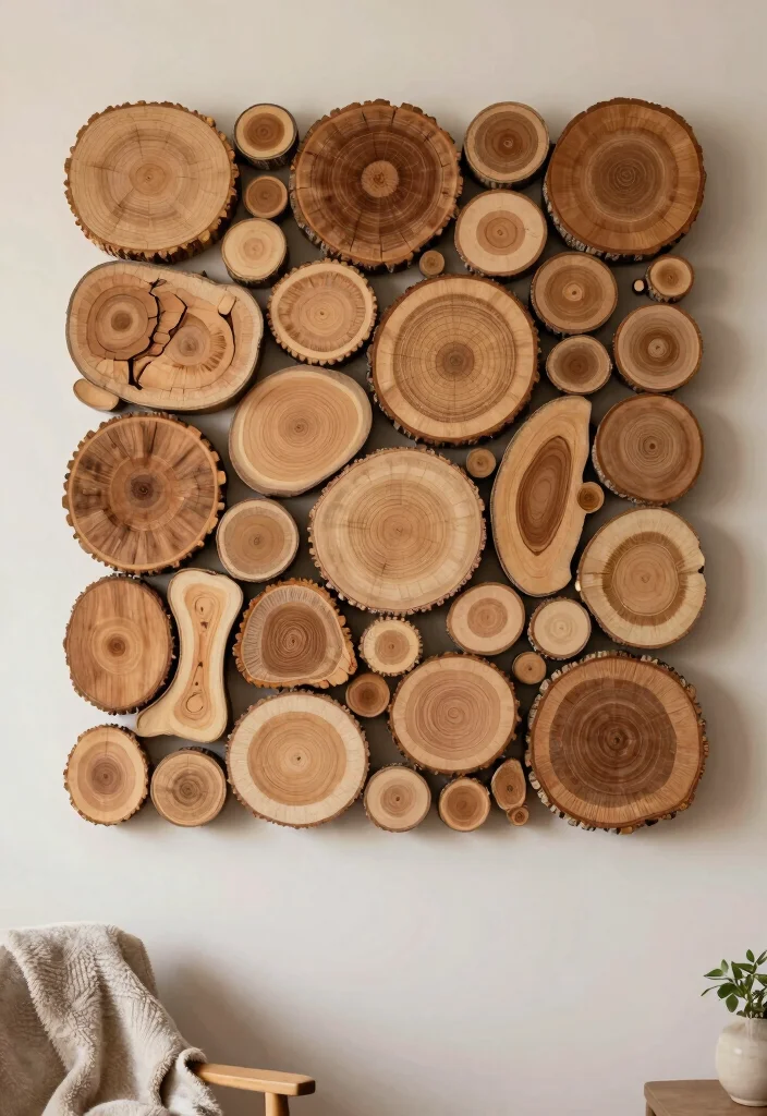 18 DIY Living Room Wall Decor Ideas: Creative & Budget Friendly - 16. DIY Wooden Slices Wall Art 1