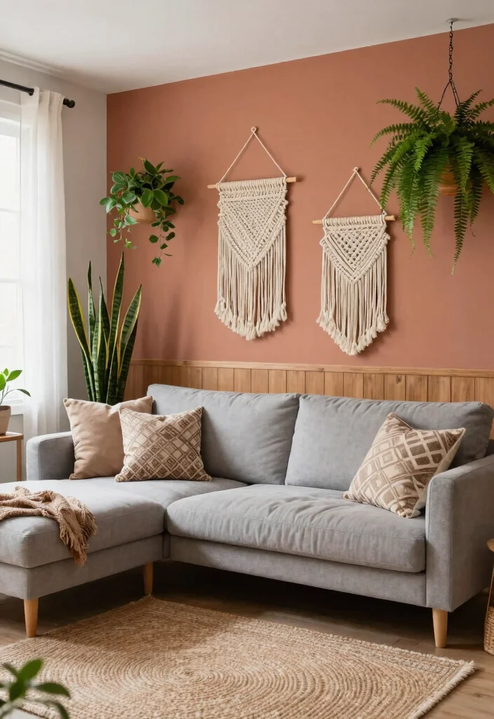 18 Large Accent Wall Living Room Ideas: Statement Making Design - 1. Earthy Tones with Textured Elements 1