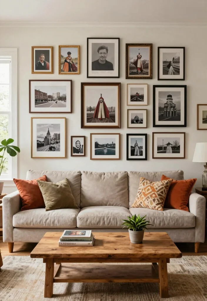 18 Large Accent Wall Living Room Ideas: Statement Making Design - 11. Gallery Wall of Personal Memories 1