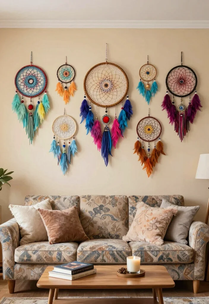 18 Large Accent Wall Living Room Ideas: Statement Making Design - 12. Dreamcatchers and Bohemian Accents 1