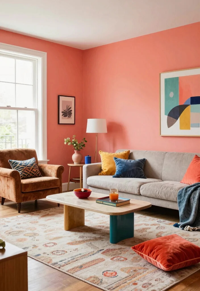 18 Large Accent Wall Living Room Ideas: Statement Making Design - 13. Mismatched Furniture for Eclectic Vibes 1