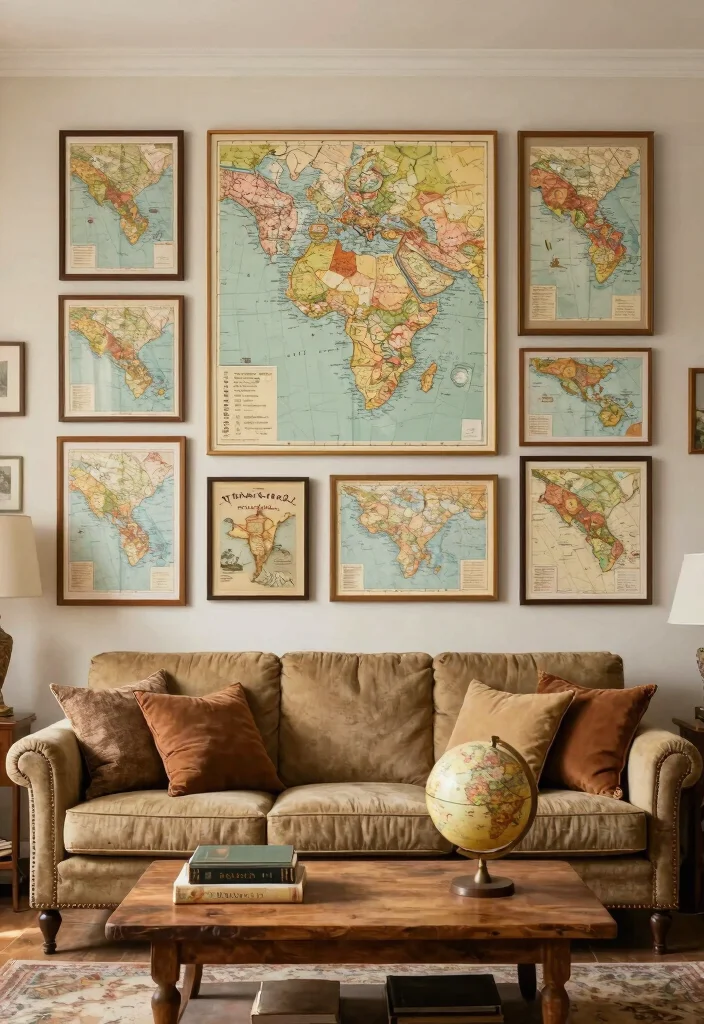 18 Large Accent Wall Living Room Ideas: Statement Making Design - 16. Vintage Travel Maps 1