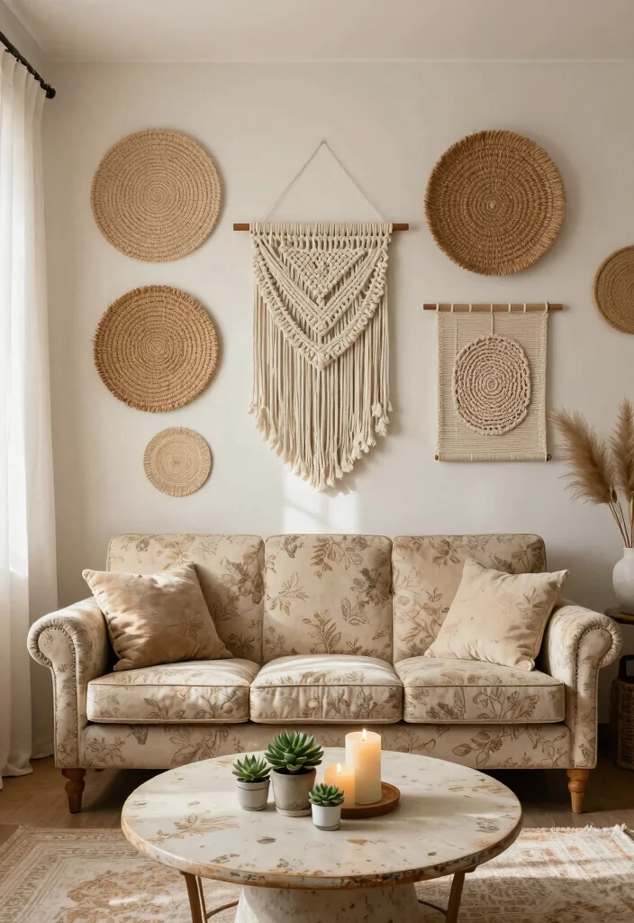 18 Large Accent Wall Living Room Ideas: Statement Making Design - 4. Bohemian Woven Wall Hangings 1