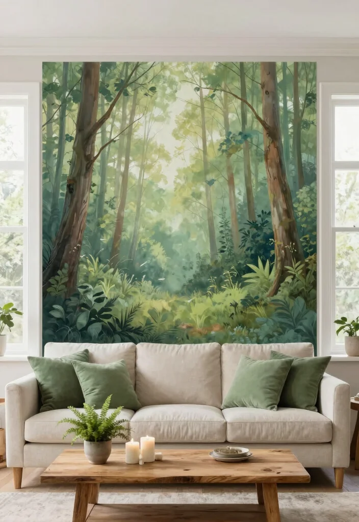18 Large Accent Wall Living Room Ideas: Statement Making Design - 6. Nature-Inspired Murals 1