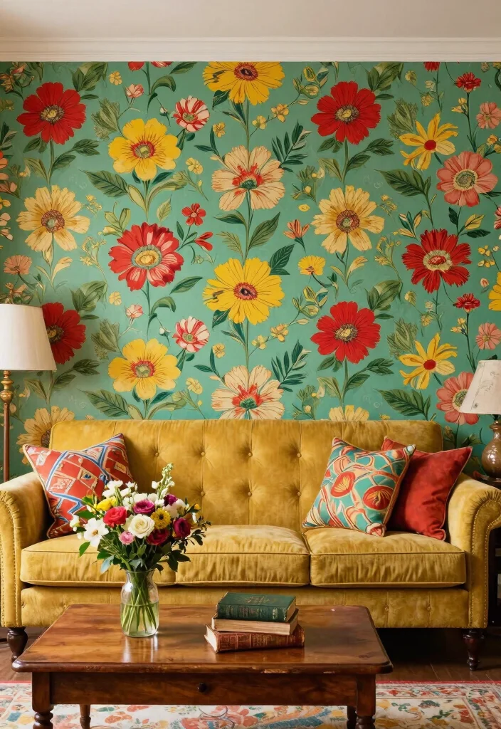 18 Large Accent Wall Living Room Ideas: Statement Making Design - 7. Vintage Wallpaper 1