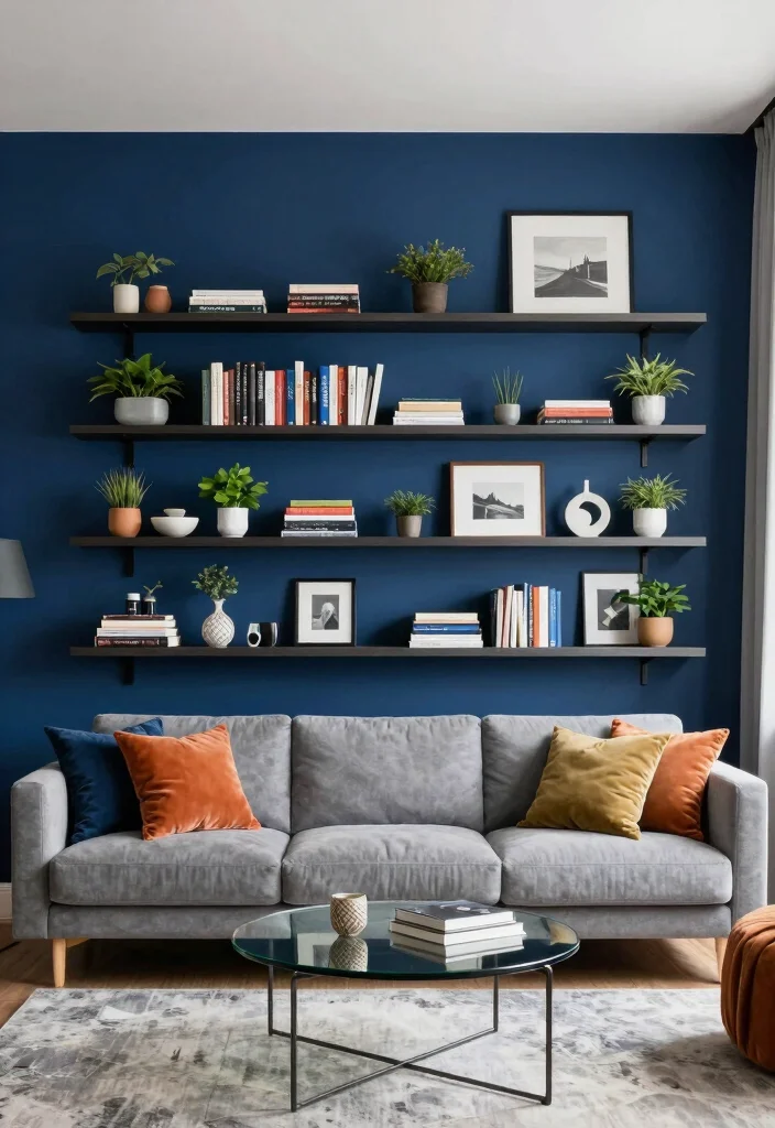 18 Large Accent Wall Living Room Ideas: Statement Making Design - 9. Floating Shelves with Decor 1