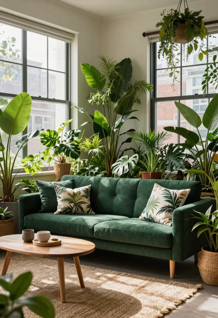 18 Living Room Green Sofa Ideas Fresh Versatile Styling - 10. Urban Jungle Vibe 1