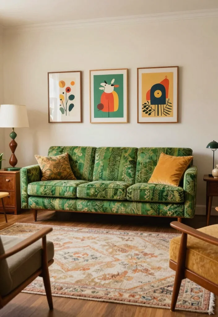 18 Living Room Green Sofa Ideas Fresh Versatile Styling - 12. Retro Vibes with Green Accents 1
