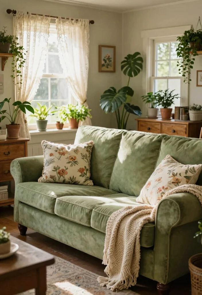 18 Living Room Green Sofa Ideas Fresh Versatile Styling - 13. Cozy Cottage Charm 1