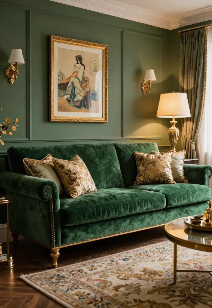 18 Living Room Green Sofa Ideas Fresh Versatile Styling - 15. Vintage Glam with Deep Green 1