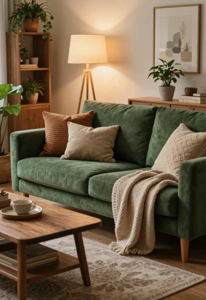 18 Living Room Green Sofa Ideas Fresh Versatile Styling - 5. Cozy Forest Retreat 1
