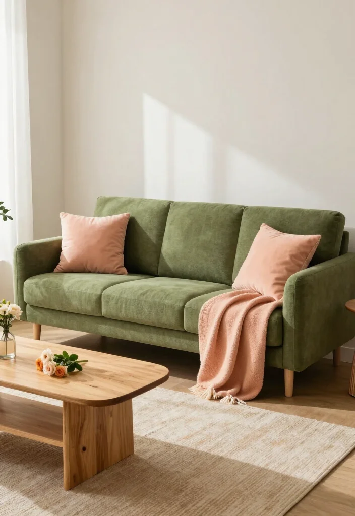 18 Living Room Green Sofa Ideas Fresh Versatile Styling - 7. Playful Olive and Peach Duo 1