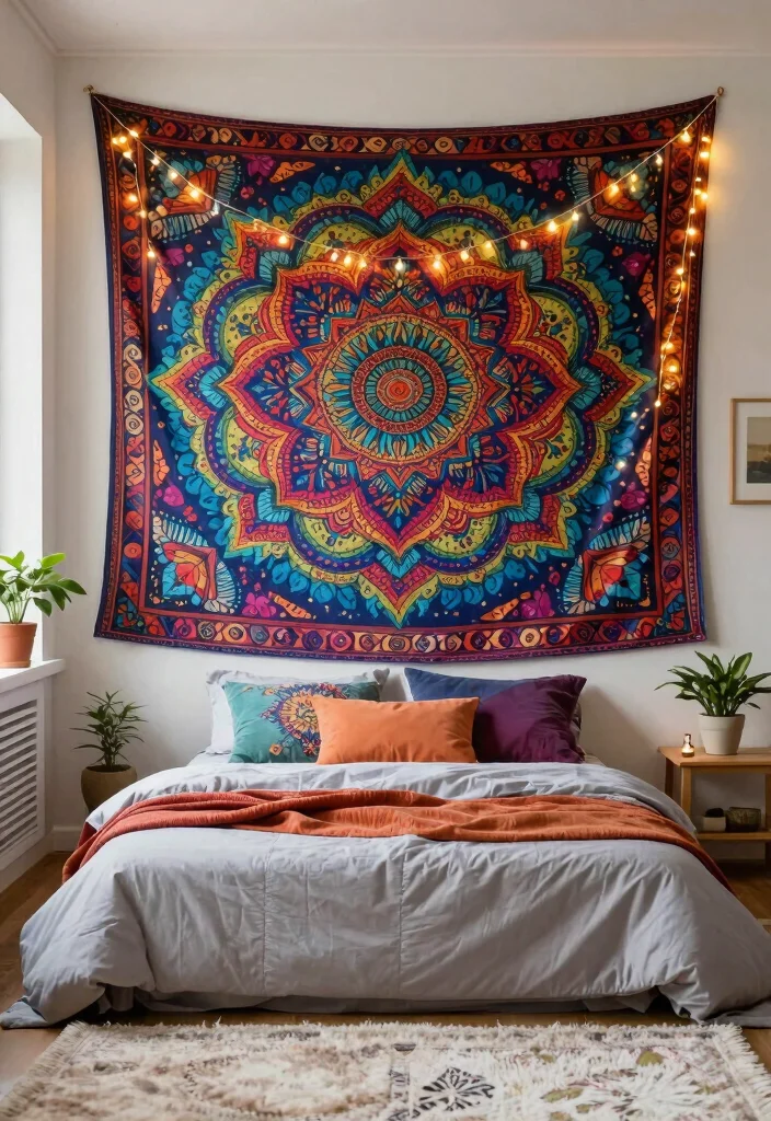 18 Room Ideas for Teenagers: Trendy Personal Spaces with Bohemian Vibes - 1. Vibrant Tapestry Feature Wall 1