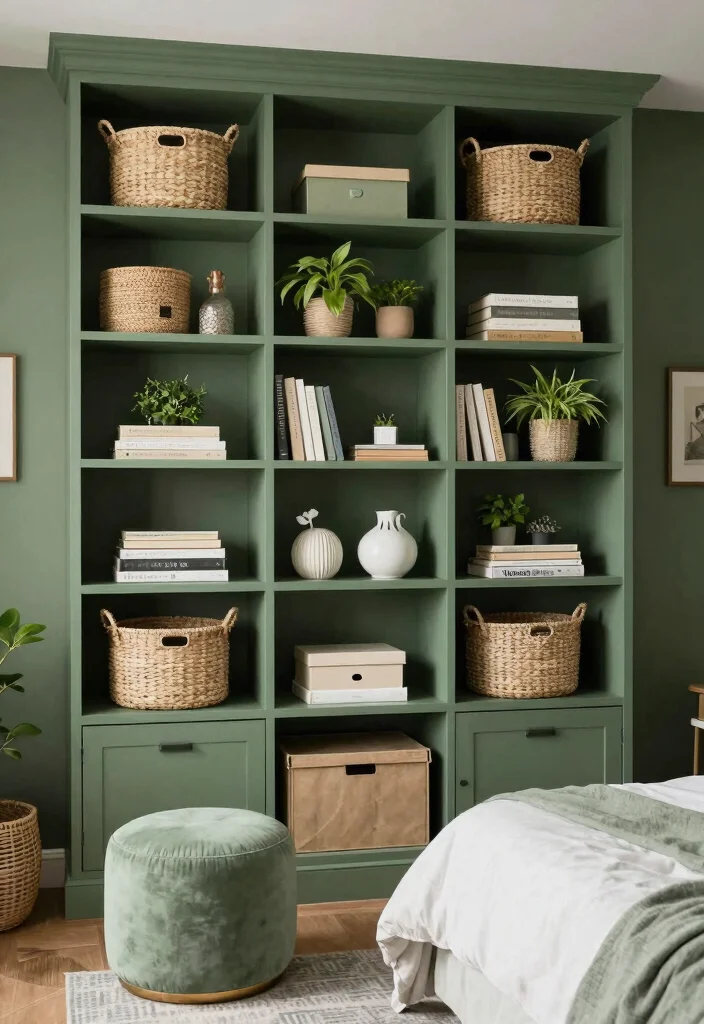 18 Sage Green Bedroom Decor Ideas: Cozy, Trendy, Aesthetic - 10. Stylish Storage Solutions 1