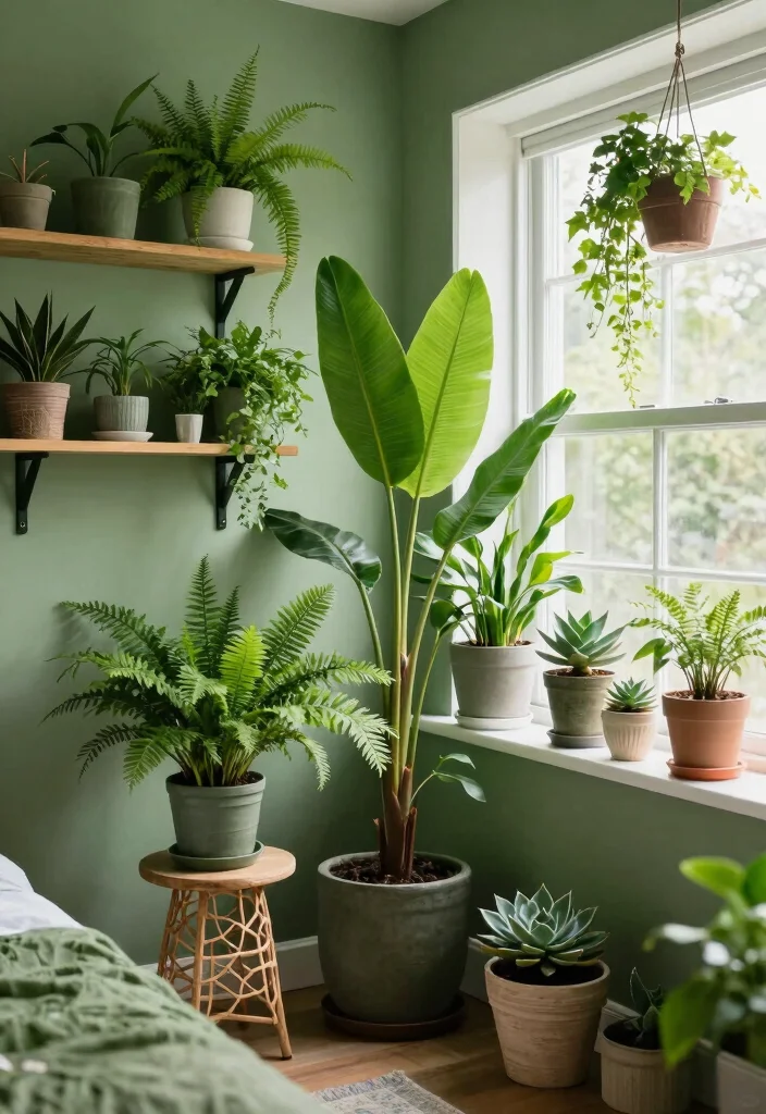 18 Sage Green Bedroom Decor Ideas: Cozy, Trendy, Aesthetic - 12. Greenery Everywhere 1