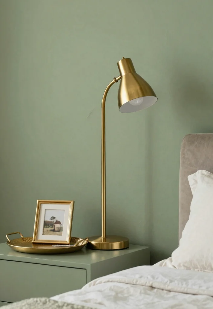 18 Sage Green Bedroom Decor Ideas: Cozy, Trendy, Aesthetic - 14. Warm Metallic Accents 1