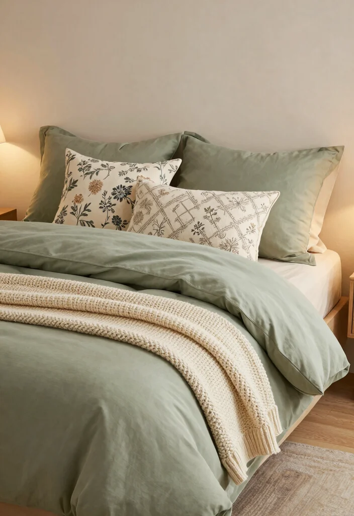 18 Sage Green Bedroom Decor Ideas: Cozy, Trendy, Aesthetic - 2. Layered Textiles 1