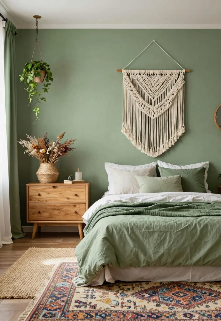 18 Sage Green Bedroom Decor Ideas: Cozy, Trendy, Aesthetic - 3. Bohemian-Style Decor 1
