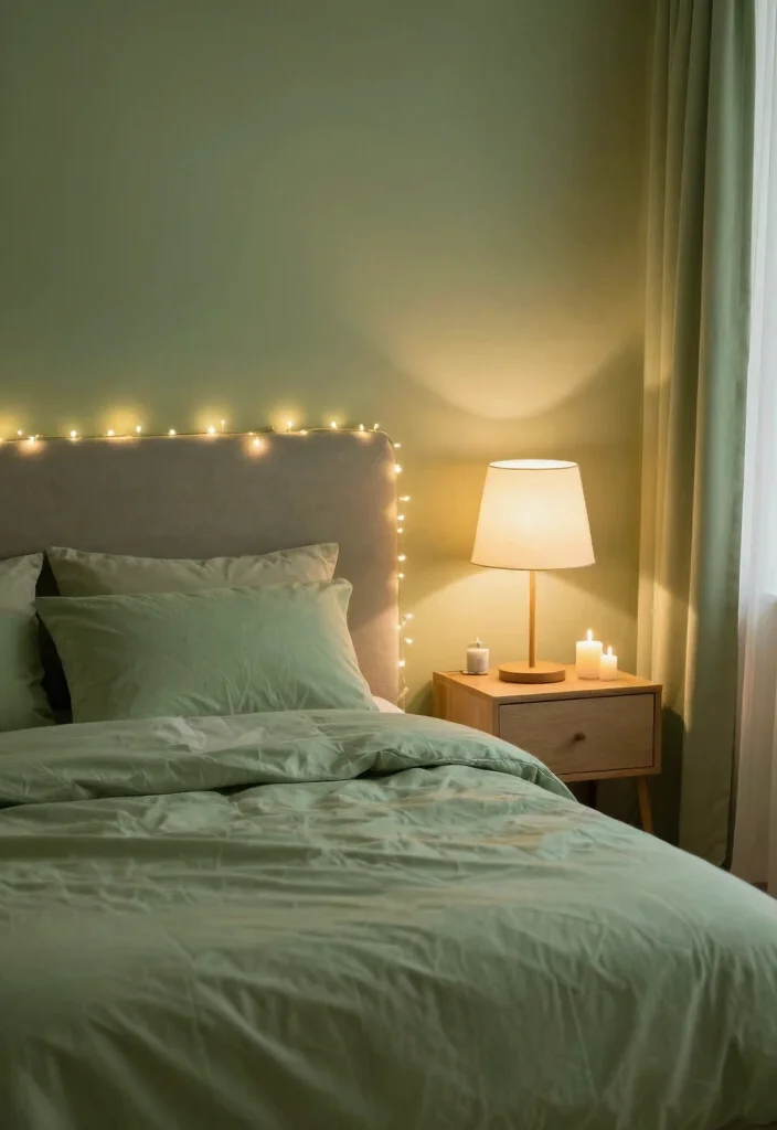 18 Sage Green Bedroom Decor Ideas: Cozy, Trendy, Aesthetic - 5. Ambient Lighting 1