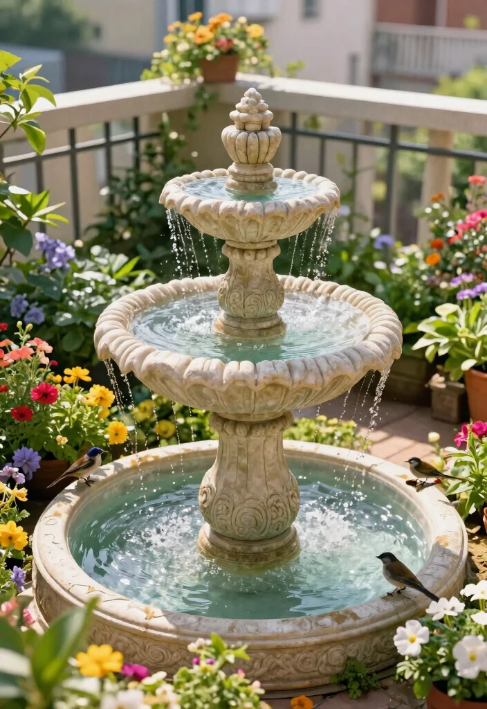 12 Balcony Fountain Ideas That Run Quietly and Fit Tight Spaces - 5. Decorative Birdbath Fountain 1