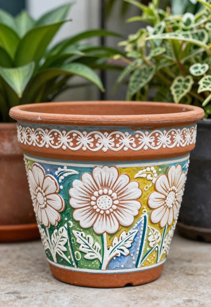 12 Hand Painted Flower Pots That Look Custom on a Budget - 7. Stenciled Patterns 1