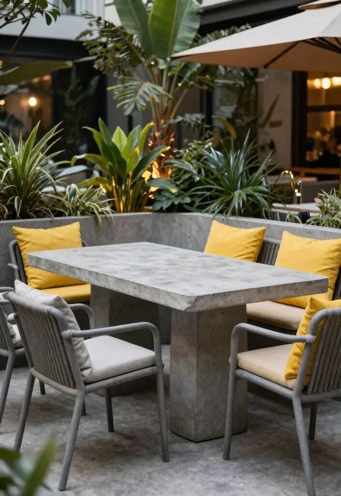 12 Outdoor Table and Chairs Ideas That Survive Rain and Sun - 5. Stylish Concrete Table and Chairs 1