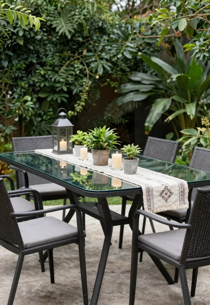 12 Outdoor Table and Chairs Ideas That Survive Rain and Sun - 8. Elegant Glass-Top Dining Table 1