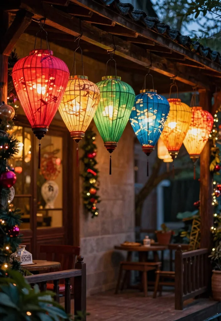12 Porch Christmas Lights Ideas That Install Without Drilling Holes - 11. Colorful Bamboo Lanterns 1