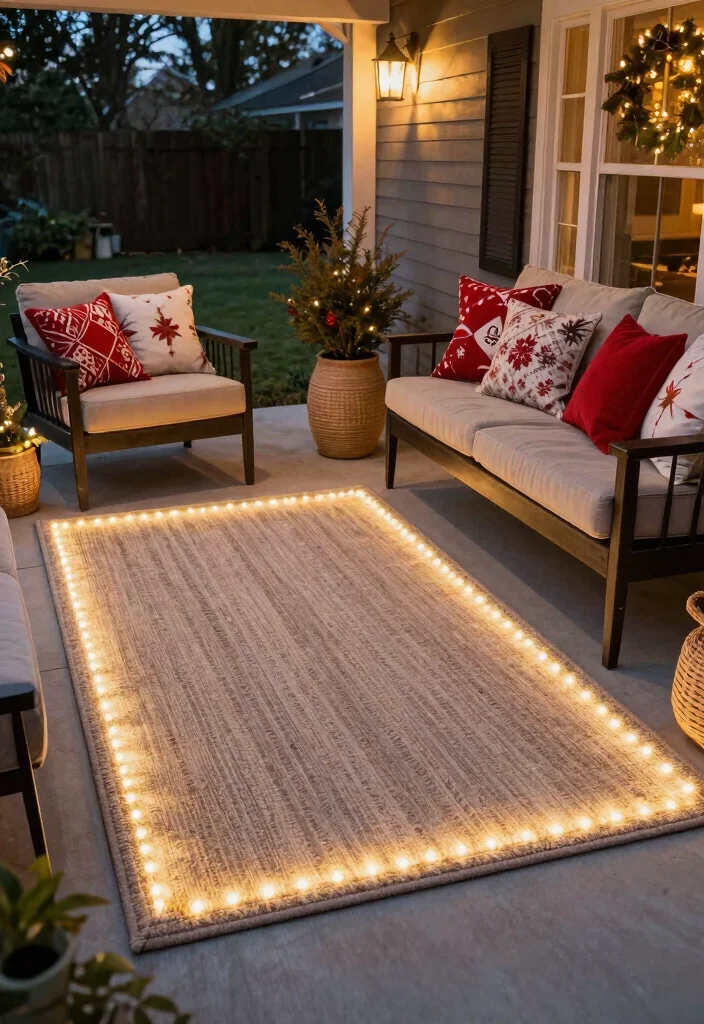 12 Porch Christmas Lights Ideas That Install Without Drilling Holes - 5. Outdoor Rugs with Light Accents 1