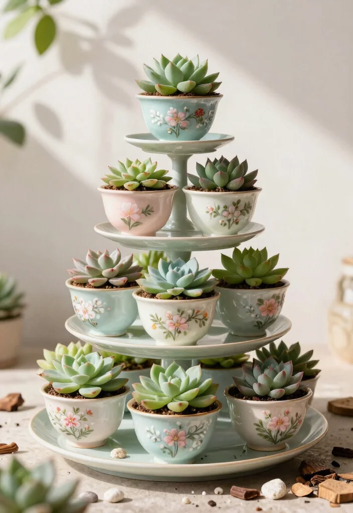 12 Tea Cup Planter Ideas That Repurpose Thrift Store Finds - 1. Whimsical Tiered Planters 1