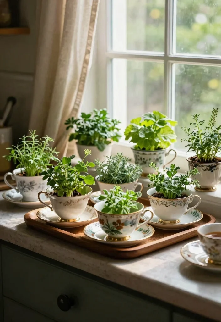 12 Tea Cup Planter Ideas That Repurpose Thrift Store Finds - 3. Charming Kitchen Windowsill Garden 1
