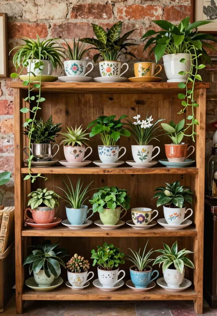 12 Tea Cup Planter Ideas That Repurpose Thrift Store Finds - 6. Vintage Display Shelves 1