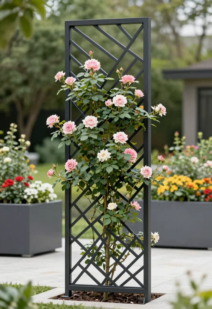 14 Garden Trellis Ideas That Support Heavy Vines Without Sagging - 5. Geometric Metal Panel Trellis 1