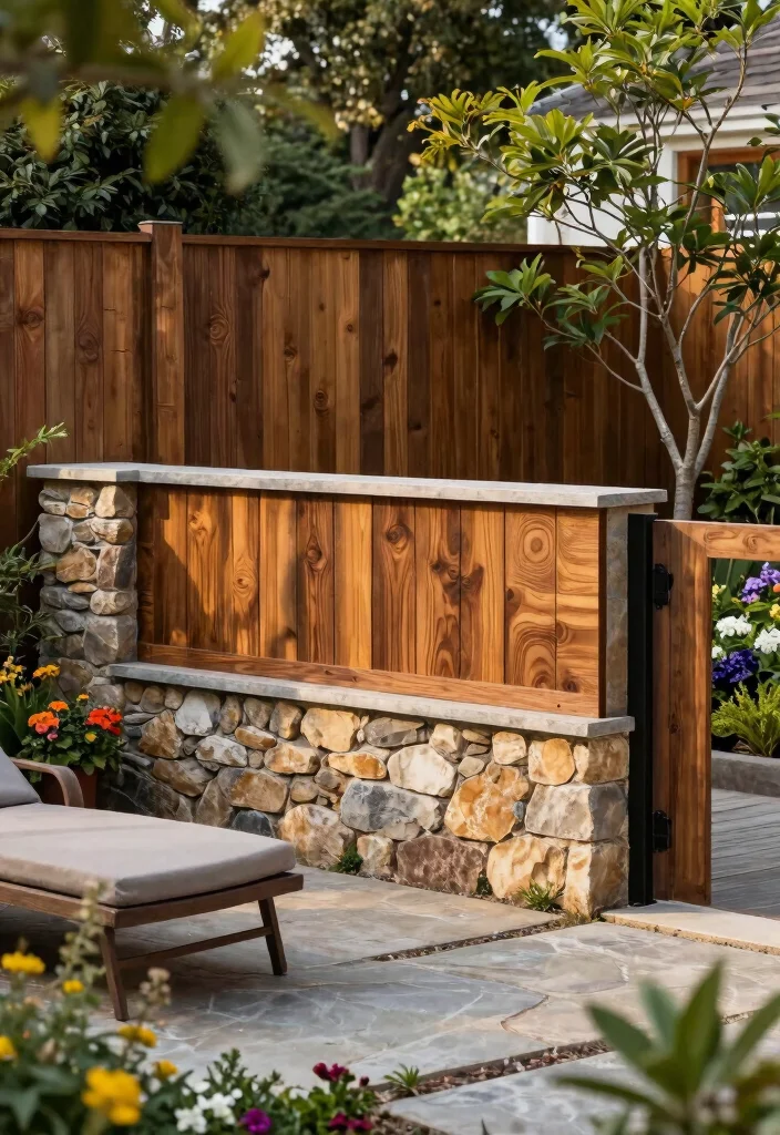 14 Modern Privacy Fence Ideas That Block Views Without Looking Cold - 4. Stone and Wood Combination 1
