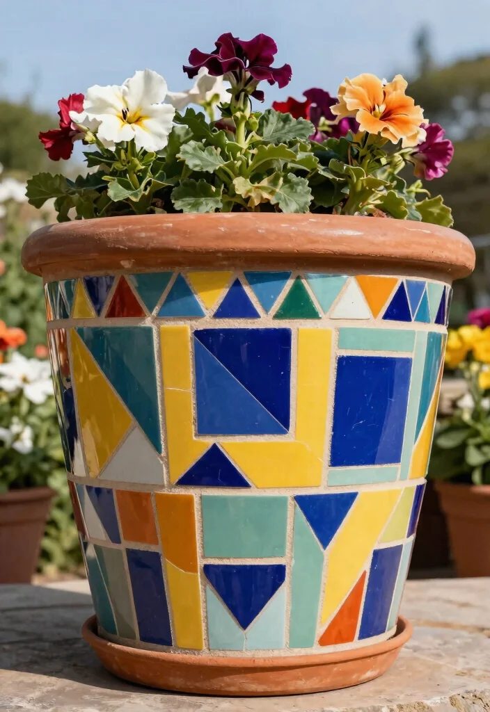 14 Mosaic Flower Pot Ideas You Can Make With Broken Tiles - 1. Colorful Geometric Patterns 1