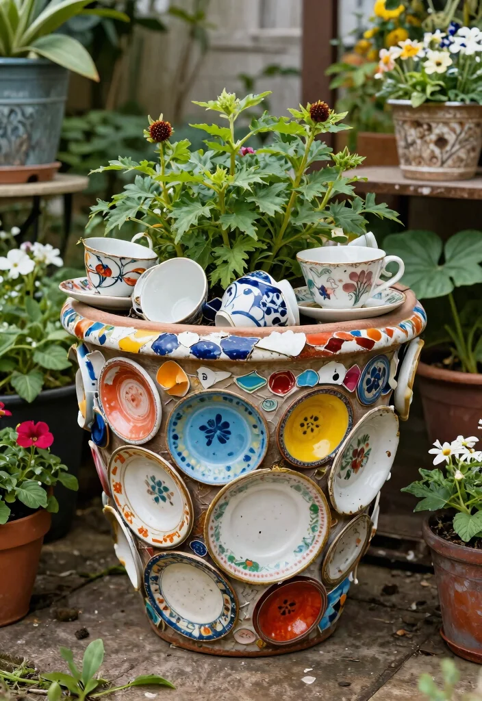 14 Mosaic Flower Pot Ideas You Can Make With Broken Tiles - 11. Upcycled Treasures from Old Dishes 1