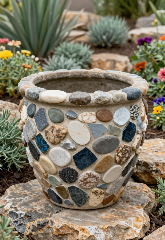 14 Mosaic Flower Pot Ideas You Can Make With Broken Tiles - 12. Textured Mosaic with Natural Stones 1