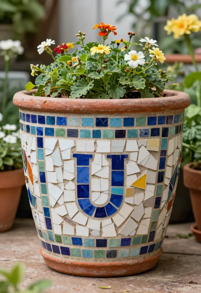 14 Mosaic Flower Pot Ideas You Can Make With Broken Tiles - 13. Personalized Initials or Quotes 1