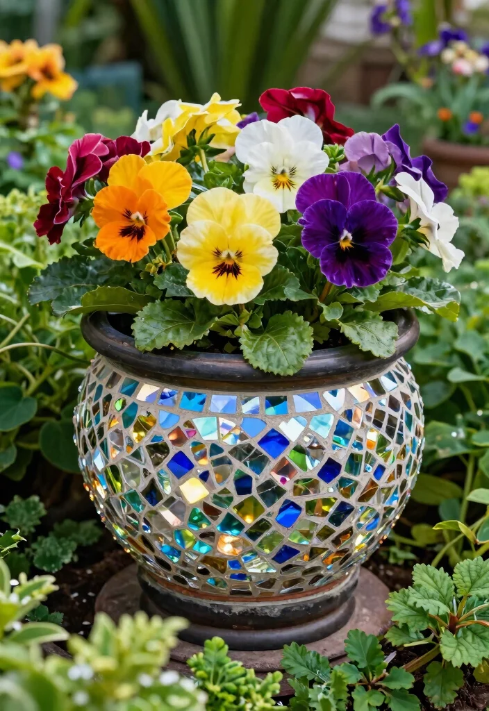 14 Mosaic Flower Pot Ideas You Can Make With Broken Tiles - 4. Sparkling Mosaic with Glass Tiles 1