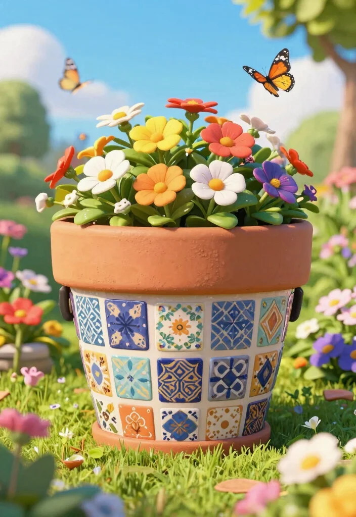 14 Mosaic Flower Pot Ideas You Can Make With Broken Tiles - 5. Patterned Patchwork 1