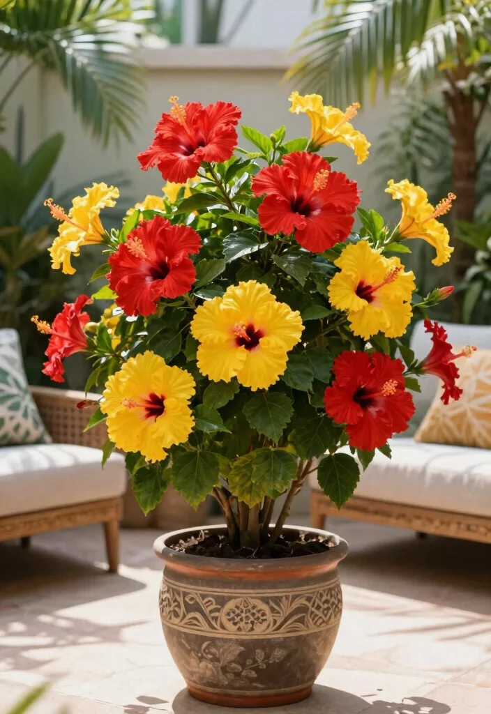 14 Patio Flower Pots That Don't Need Daily Watering in Full Sun - 11. Exotic Hibiscus for Tropical Charm 1